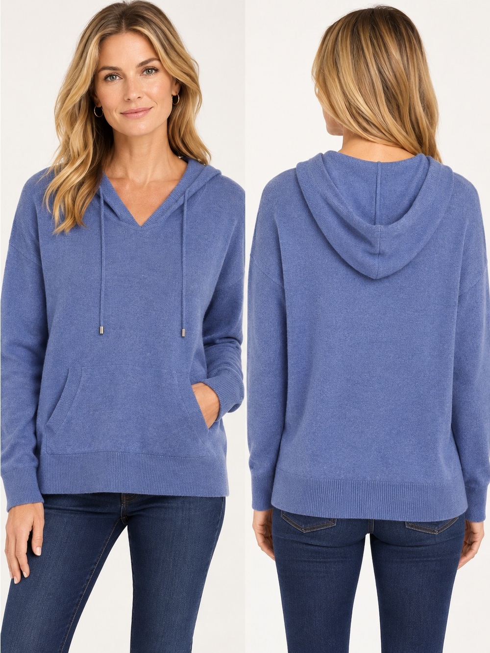Max Studio 100% 2-Ply Cashmere V-Neck Pullover Hoodie size XL